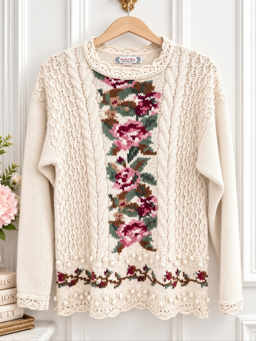 Rachel Max Vintage Floral Ramie Cotton Cable Knit Sweater Medium - Picture 5 of 9